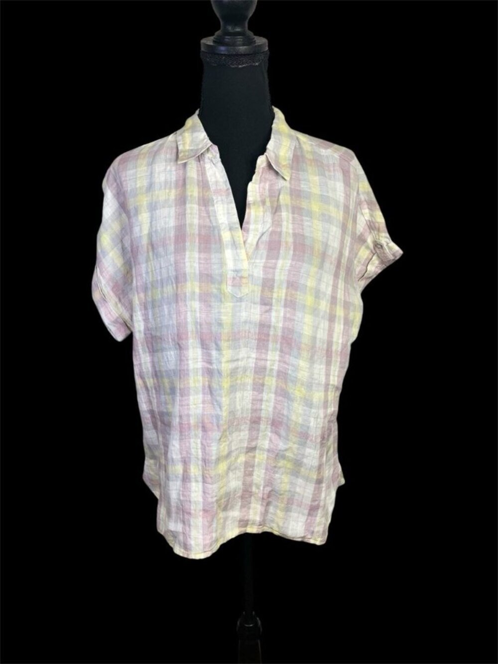 Isaac Mizrahi Linen Top Womens Sz M Pink Yellow Plaid Short Sleeve Popover Boho